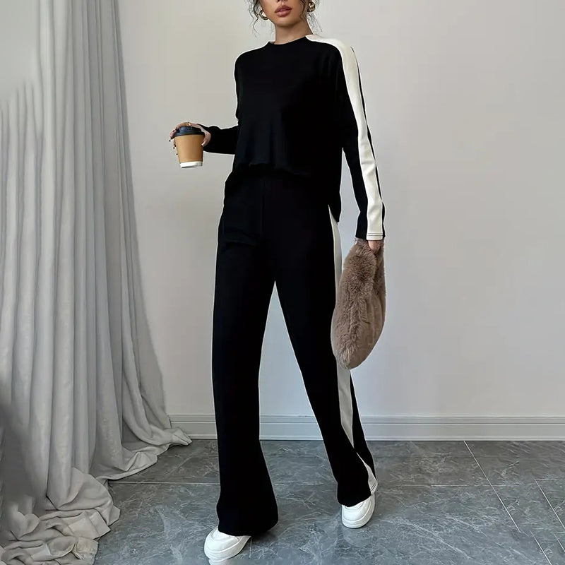 Women's Color Block Lounge Set - 2 Piece Pullover & Wide-Leg Pants, Fall Travel Sweatsuit