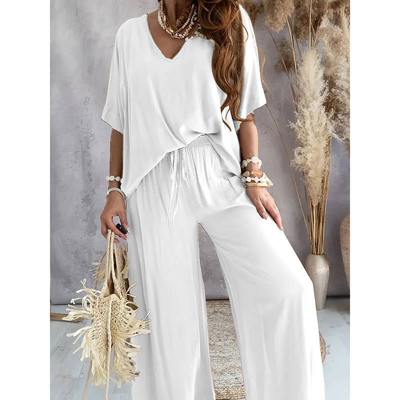 Women's 2 Piece Outfit, Casual Solid Color V-Neck Half Sleeve Top And Wide Leg Pants Lounge Set