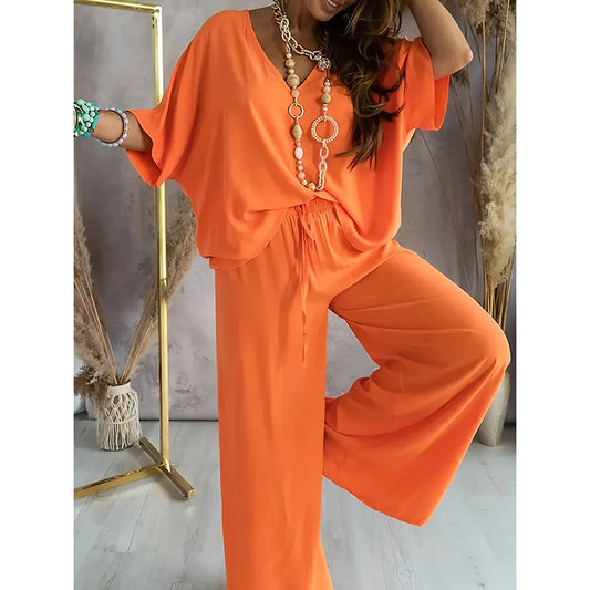 Women's 2 Piece Outfit, Casual Solid Color V-Neck Half Sleeve Top And Wide Leg Pants Lounge Set