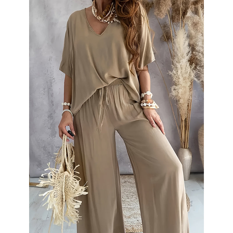 Women's 2 Piece Outfit, Casual Solid Color V-Neck Half Sleeve Top And Wide Leg Pants Lounge Set