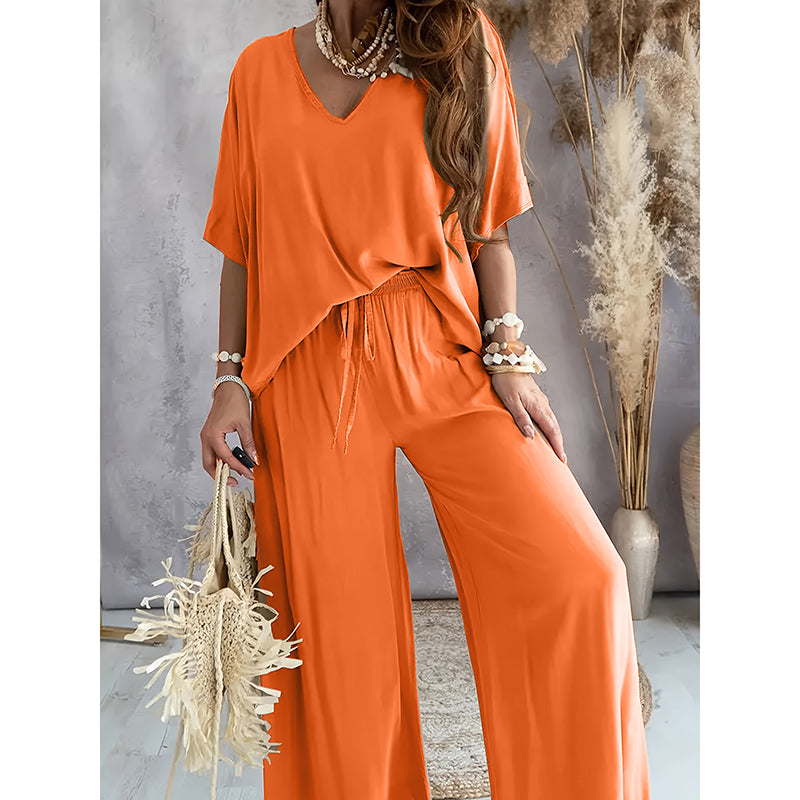 Women's 2 Piece Outfit, Casual Solid Color V-Neck Half Sleeve Top And Wide Leg Pants Lounge Set