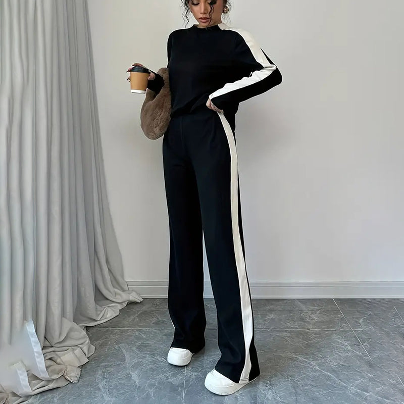 Women's Color Block Lounge Set - 2 Piece Pullover & Wide-Leg Pants, Fall Travel Sweatsuit